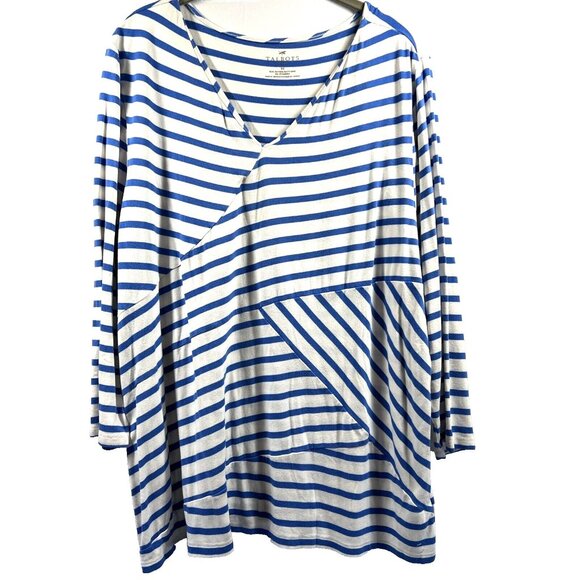 Talbots Women's Top Plus 3X Blue White Mixed Striped 3/4 Sleeve Pullover Stretch - Picture 1 of 7
